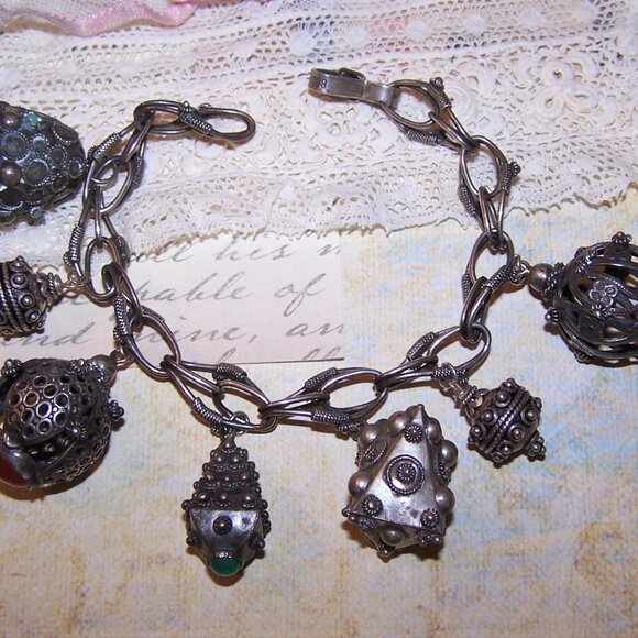 Made in Italy Italian 800 Silver Charm Bracelet - 7 Etruscan Revival Fob Charms - Picture 2 of 8